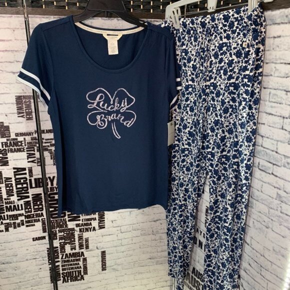 Lucky Brand L Blue Logo Floral Lounge Set - Picture 1 of 6